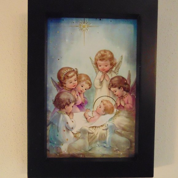 Angels Watching Over Baby, Wood Frame, 7.9 x 4.9 - Picture 2 of 7